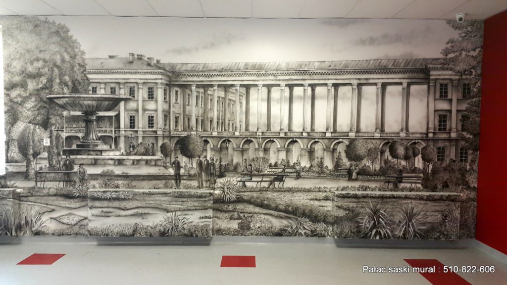 Historyczny Mural w czarno bieli wykonany w szkole podstawowej nr 355 w Warszawie