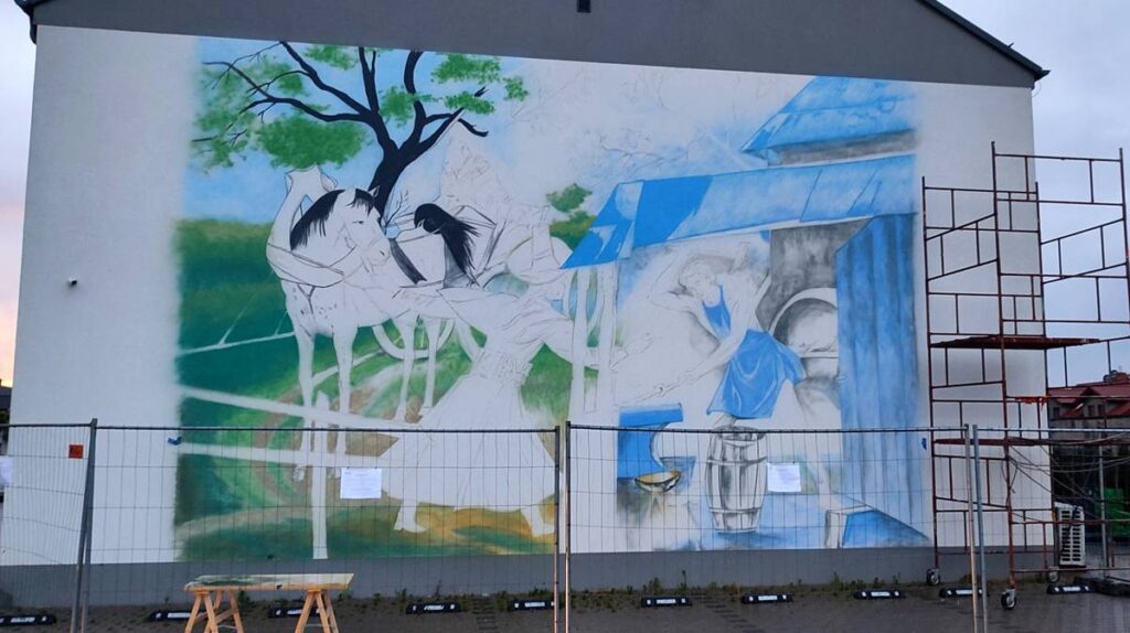 Mural Poznań, Mosina, Malowanie reprodukcja obrazu Zofii Stryjeńskiej, malowanie murali