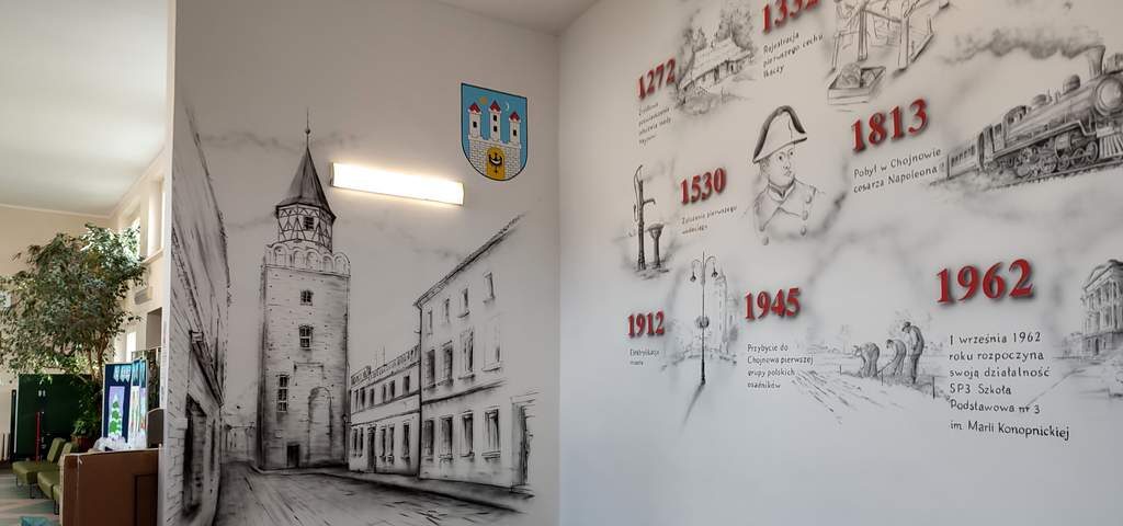 Artystyczne malowanie ścian na korytarzu szkoły podstawowej, mural historyczno-edukacyjny w szkole