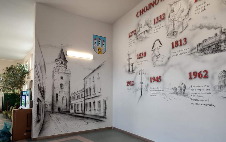 Artystyczne malowanie ścian na korytarzu szkoły podstawowej, mural historyczno-edukacyjny w szkole